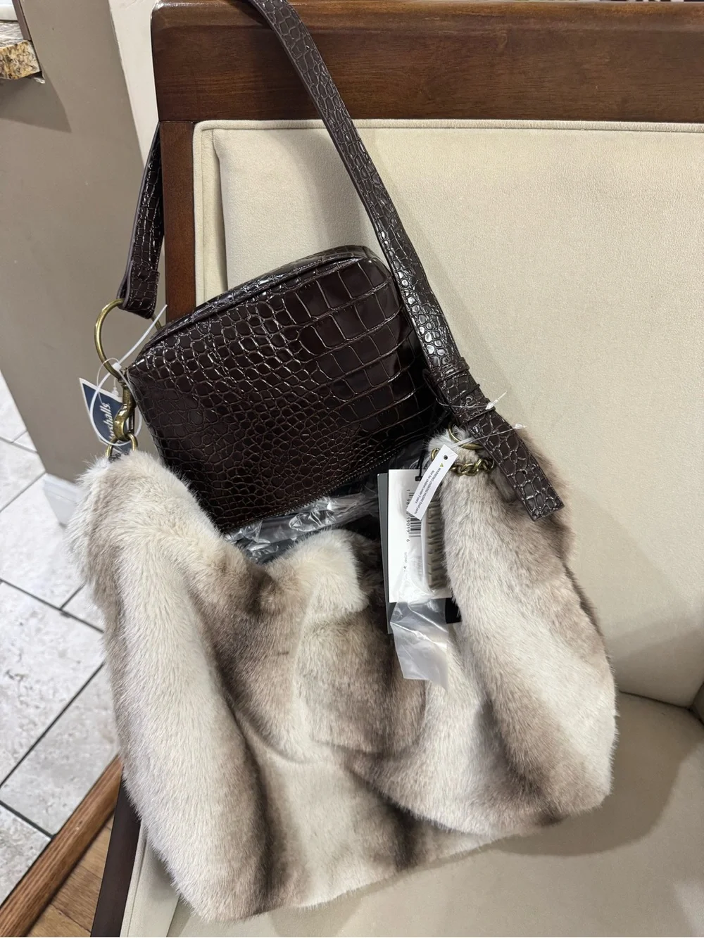 Steve Madden Faux-Fur Hobo with Croc-Embossed Trim - Brown/Beige